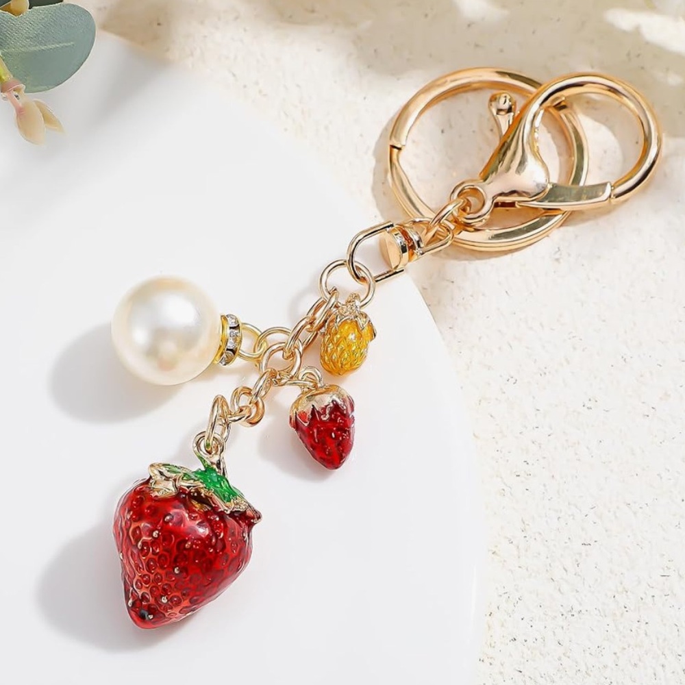 Strawberry Bag Charm Keychain with Glass Pearl Accent